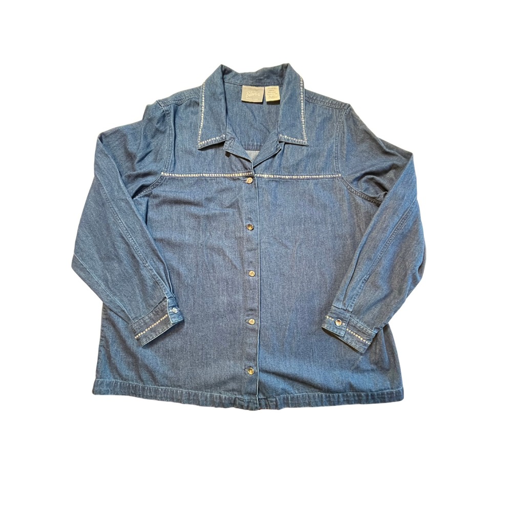 Vintage Y2K Denim Shacket XL Blue Shirt Rhinestone Cottage Western Cowgirl Retro